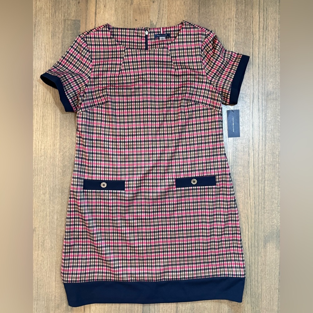 NEW Tommy Hilfiger Houndstooth Shift Dress-Size 14-Navy/Pink